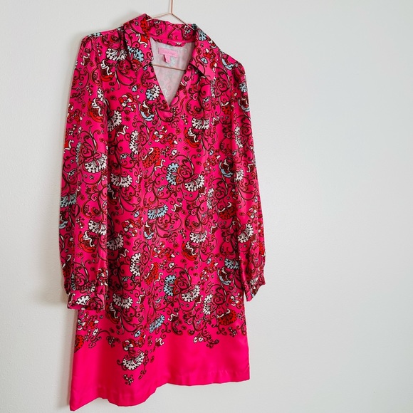 Lilly Pulitzer Wayles Hotty Pink Ring My Chimes Silk Tunic Shirt Dress Polo boho - Picture 7 of 12